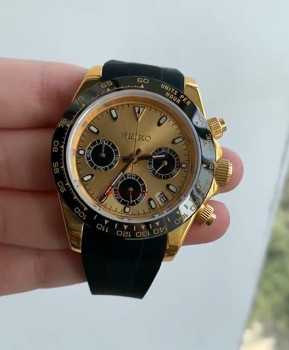Seiko Mod Black x Gold Daytona Chronograph Quartz Tribute Cosmography Watch Gift for Him Seitona Rubber Strap