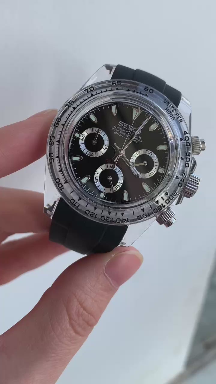 Seiko Mod Black Daytona Chronograph Quartz Tribute Cosmography Watch Gift for Him Seitona