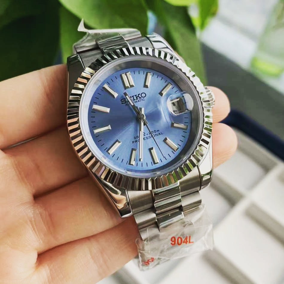 Seiko Mod Datejust Homage | Blue x Silver | Fluted Bezel | Stainless S ...