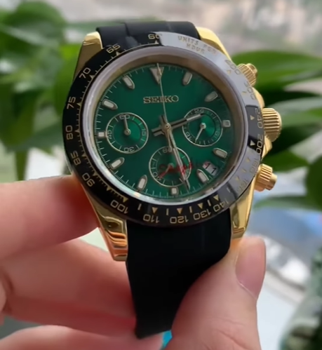 Seiko Mod Green x Black x Gold Daytona Chronograph Quartz Tribute Cosmography Watch Gift for Him Seitona