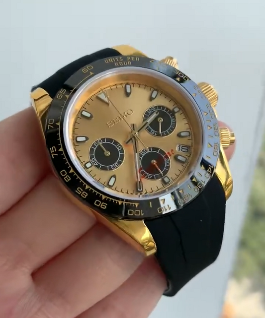 Seiko Mod Black x Gold Daytona Chronograph Quartz Tribute Cosmography Watch Gift for Him Seitona Rubber Strap