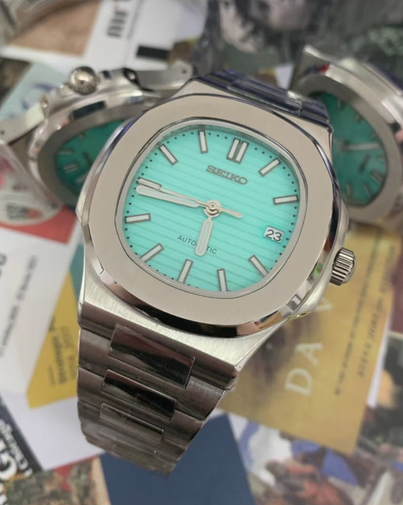 Seiko Mod Watch, Nautilus, Silver x Tiffany Blue, Seiko Submariner, Seiko Diver, Japanese NH35 Movement Watch
