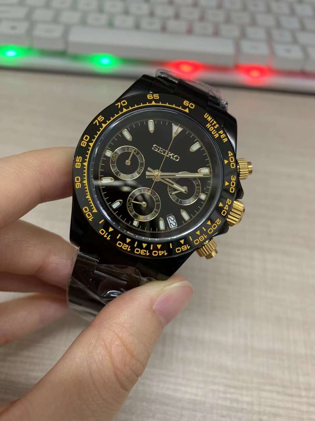 Seiko Mod Black x Gold Daytona Chronograph Quartz Tribute Cosmography Watch Gift for Him Seitona