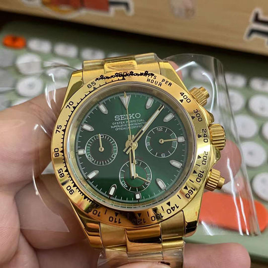 Seiko Mod Gold x Green Daytona Chronograph Quartz Tribute Cosmography Watch Gift for Him Seitona