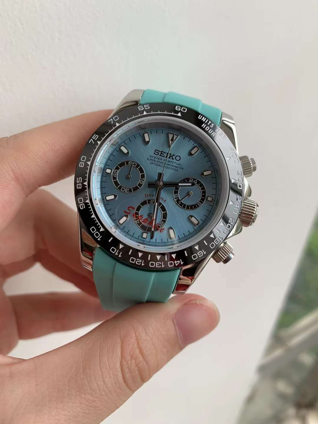 Seiko Mod Tiffany Blue Daytona Chronograph Quartz Tribute Cosmography Watch Gift for Him Seitona