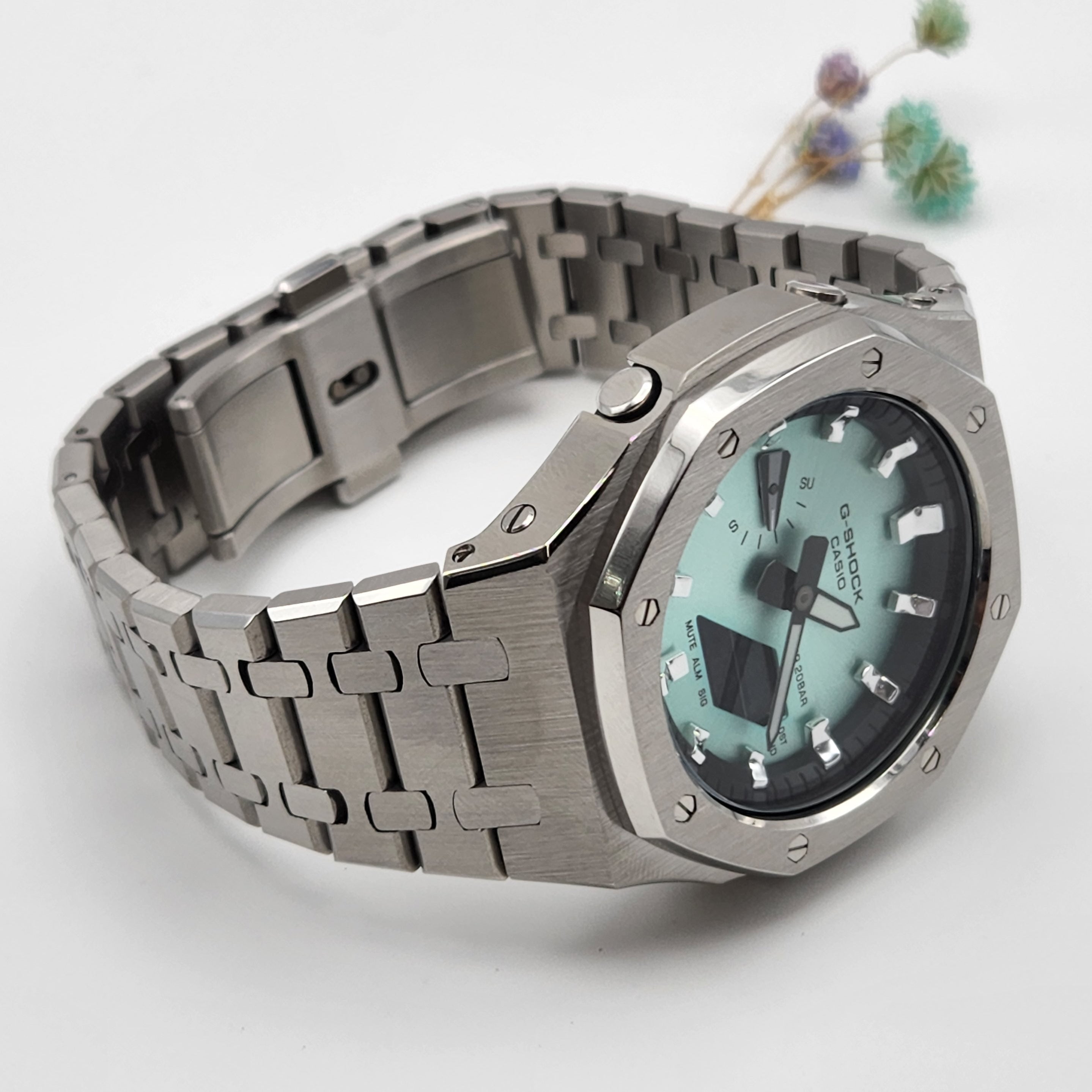 CasiOak Mod G shock Custom GA2100 Tiffany Green │ AP Royal Oak │ Silver  Case │ Silver Straps │ Tiffany Blue Dial │ Steel