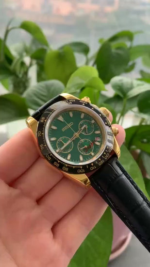 Seiko Mod Green x Gold x Leather Daytona Chronograph Quartz Tribute Cosmography Watch Gift for Him Seitona