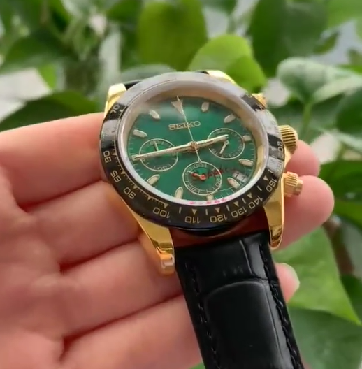 Seiko Mod Green x Gold x Leather Daytona Chronograph Quartz Tribute Cosmography Watch Gift for Him Seitona