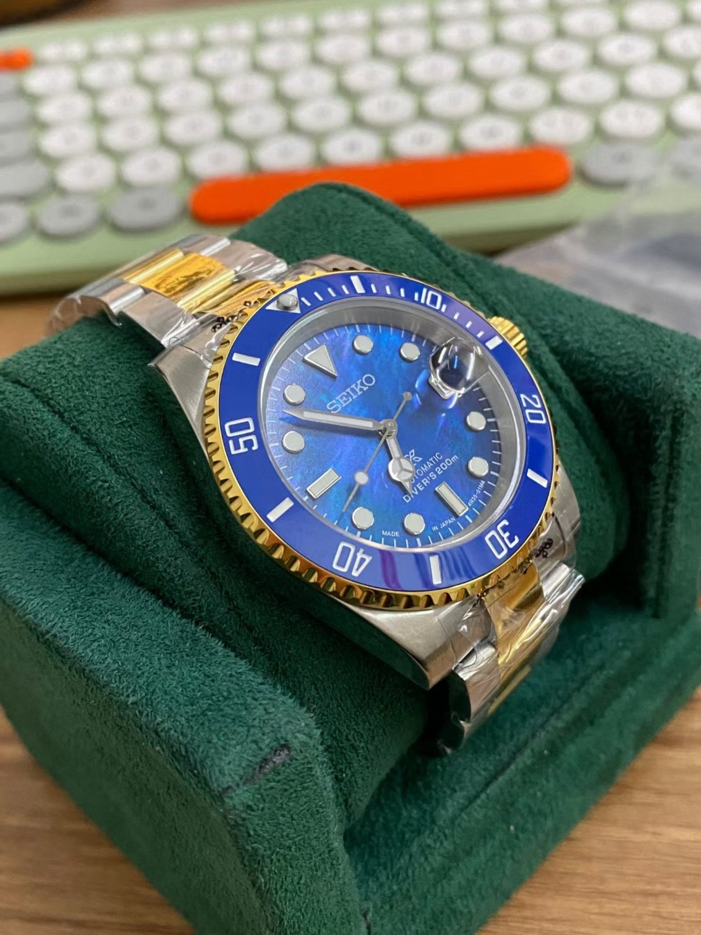 Seiko Blue Royal Submariner Mod Watch 40mm Automatic Tribute │ Gold x Silver x Blue │ Seiko Submariner │ Seiko Diver │ Japanese NH35 Movement Watch SKX │ Sunburst Dial